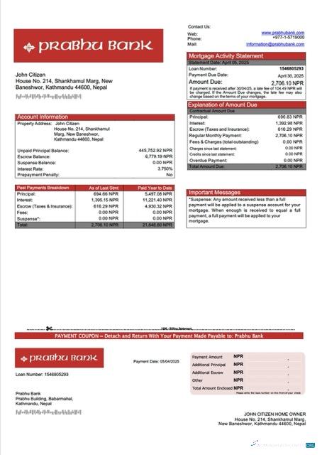 Download Nepal Prabhu Bank mortgage statement Word and PDF template Photoshop template